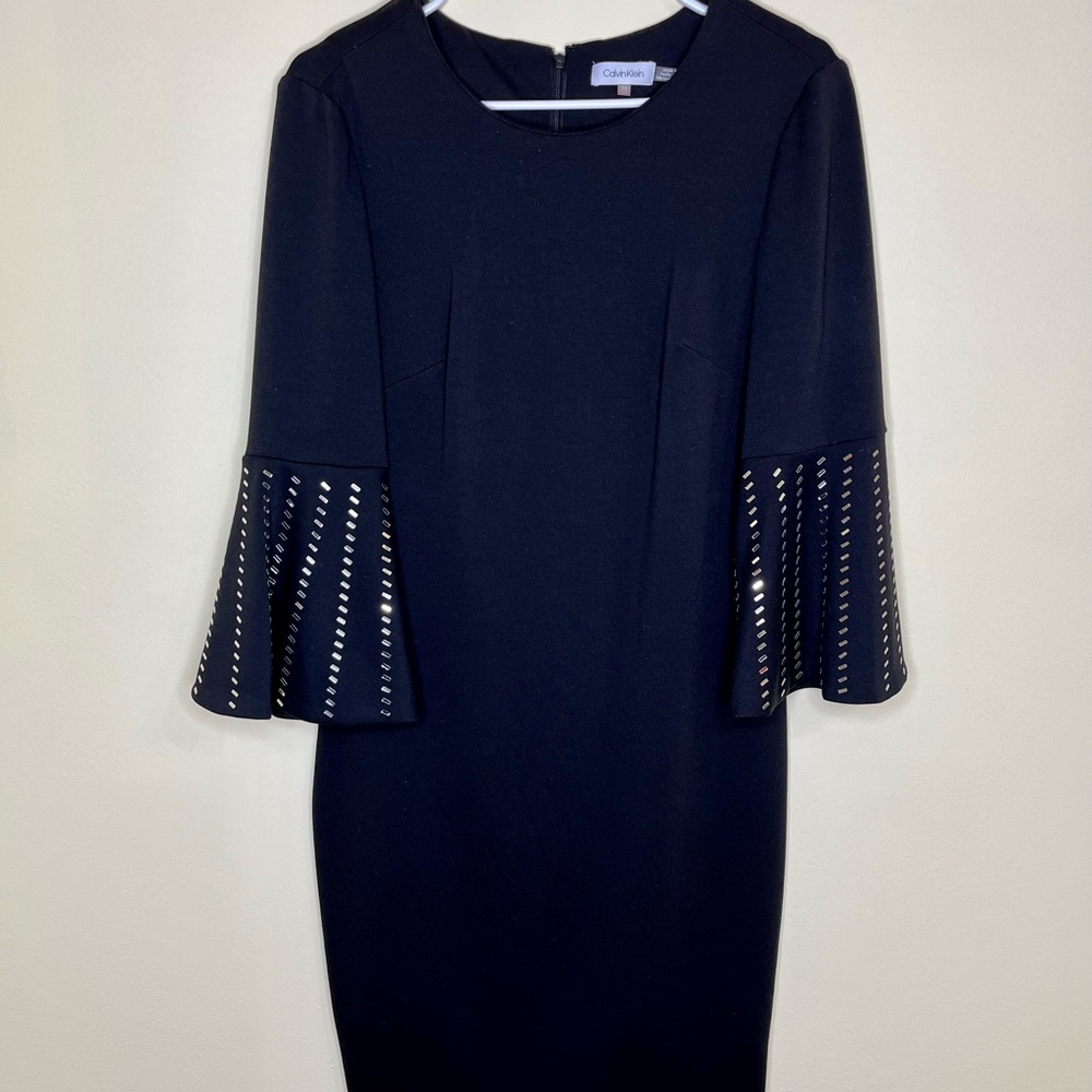 Calvin Klein Sheath Dress, Silver Embellished Sleeves, Size 10